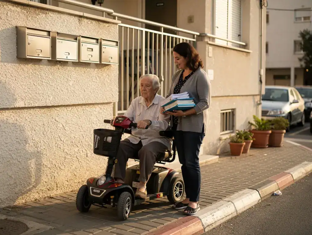 אדם מבוגר לצד קלנועית ובני משפחה עם מסמכים רפואיים