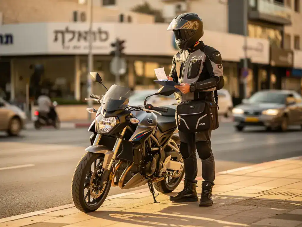 שליח עצמאי עומד ליד אופנוע בעיר עם ציוד מיגון ותיק עבודה