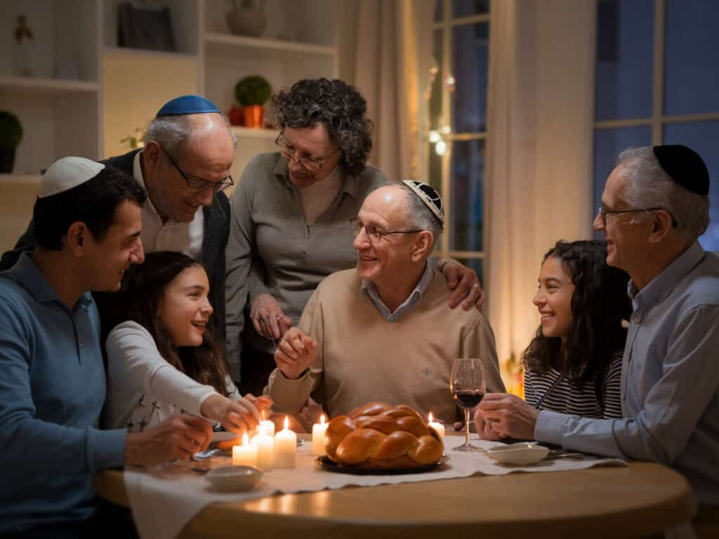 משפחה סביב שולחן שבת עם נרות דולקים